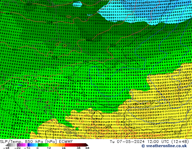 850 hPa Yer Bas./Sıc ECMWF Sa 07.05.2024 12 UTC