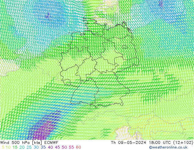 Viento 500 hPa ECMWF jue 09.05.2024 18 UTC