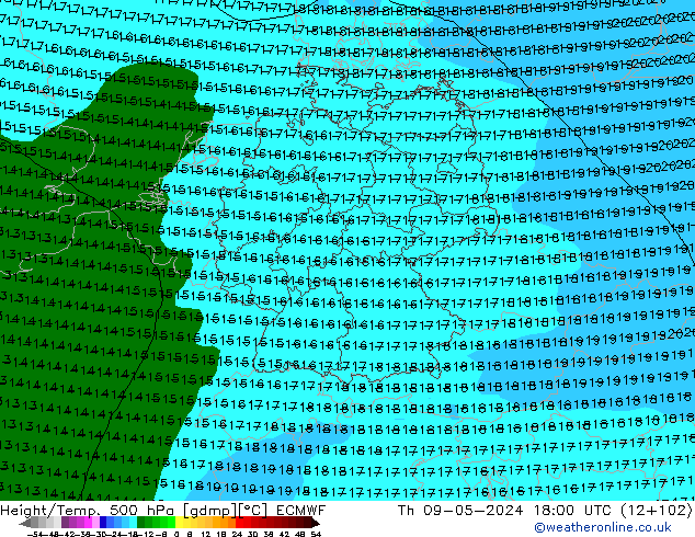 Z500/Rain (+SLP)/Z850 ECMWF чт 09.05.2024 18 UTC