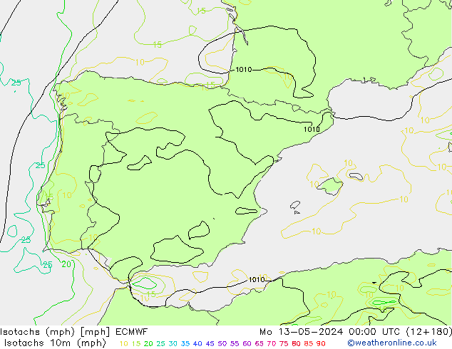 Isotachs (mph) ECMWF  13.05.2024 00 UTC