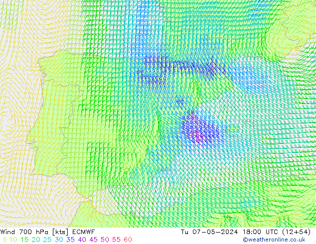 Wind 700 hPa ECMWF Tu 07.05.2024 18 UTC