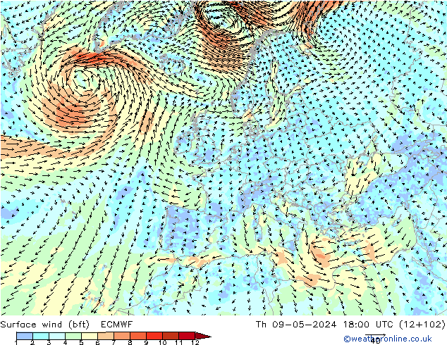 Rüzgar 10 m (bft) ECMWF Per 09.05.2024 18 UTC