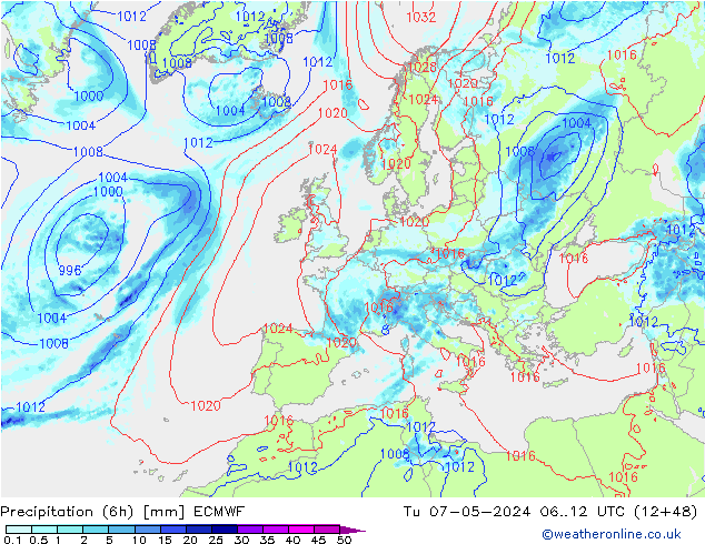 Z500/Rain (+SLP)/Z850 ECMWF Di 07.05.2024 12 UTC