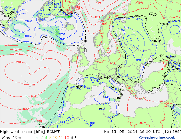High wind areas ECMWF Mo 13.05.2024 06 UTC