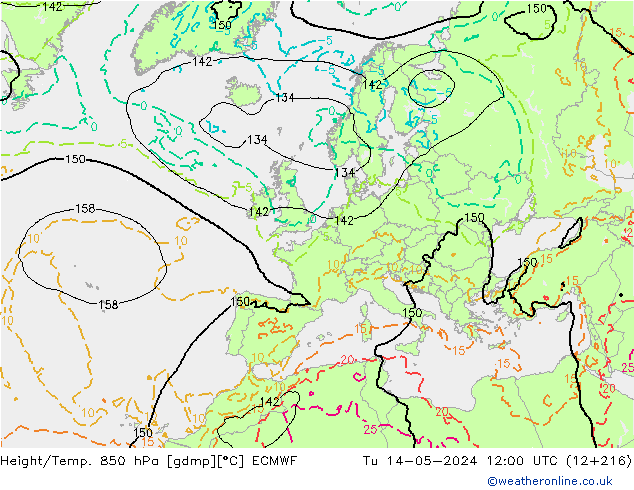 Height/Temp. 850 hPa ECMWF Di 14.05.2024 12 UTC