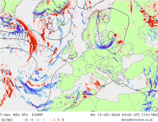 T-Adv. 850 hPa ECMWF Seg 13.05.2024 00 UTC