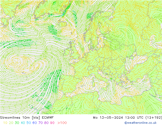 Stroomlijn 10m ECMWF ma 13.05.2024 12 UTC