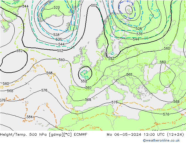 Z500/Rain (+SLP)/Z850 ECMWF пн 06.05.2024 12 UTC