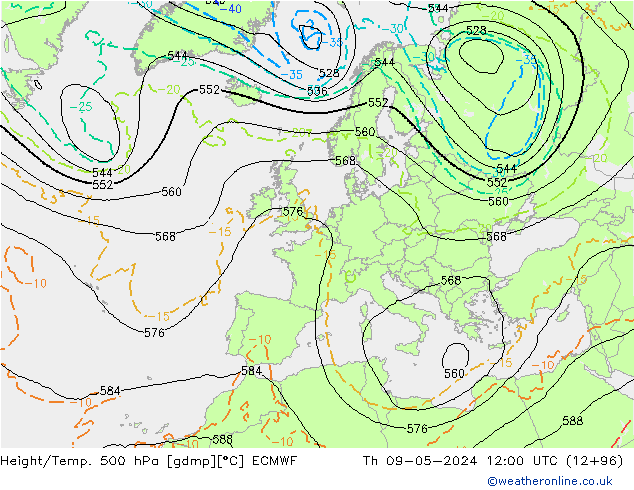 Height/Temp. 500 hPa ECMWF Th 09.05.2024 12 UTC