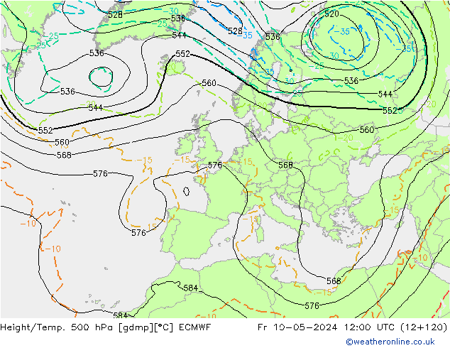 Z500/Rain (+SLP)/Z850 ECMWF Fr 10.05.2024 12 UTC