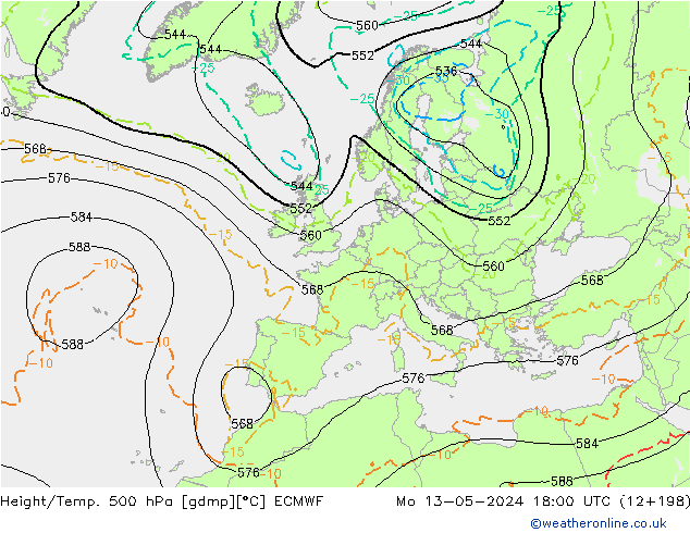 Z500/Rain (+SLP)/Z850 ECMWF Mo 13.05.2024 18 UTC