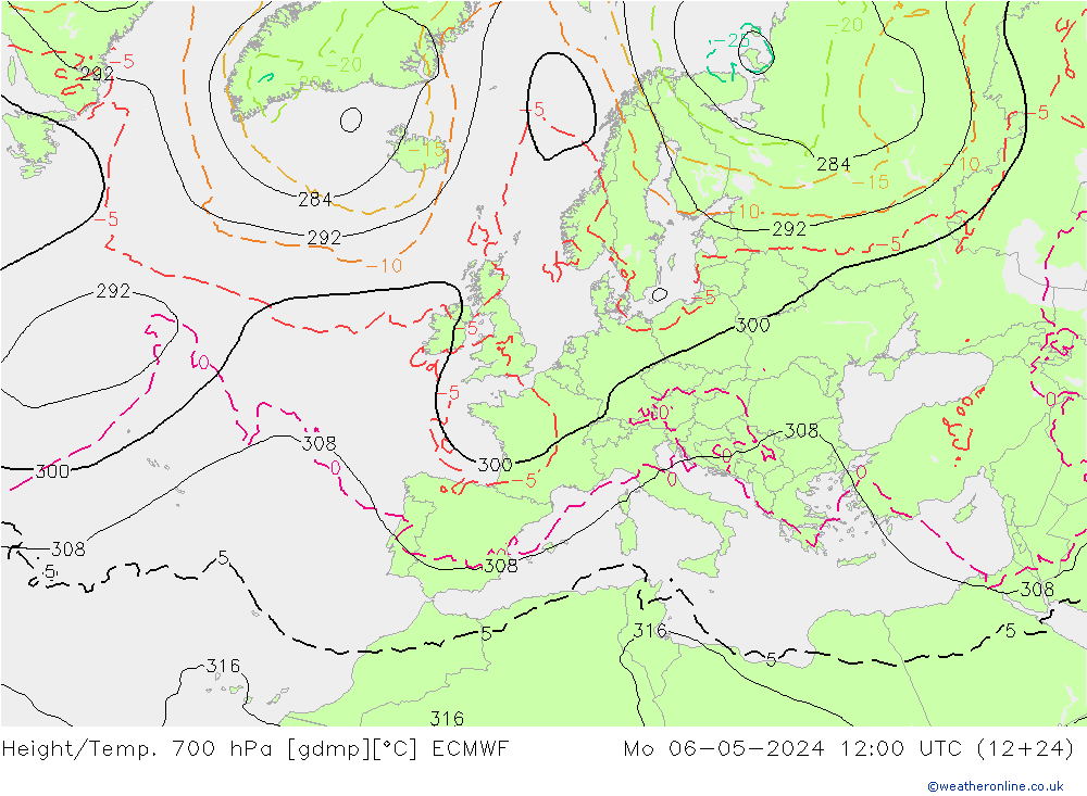 Height/Temp. 700 hPa ECMWF pon. 06.05.2024 12 UTC