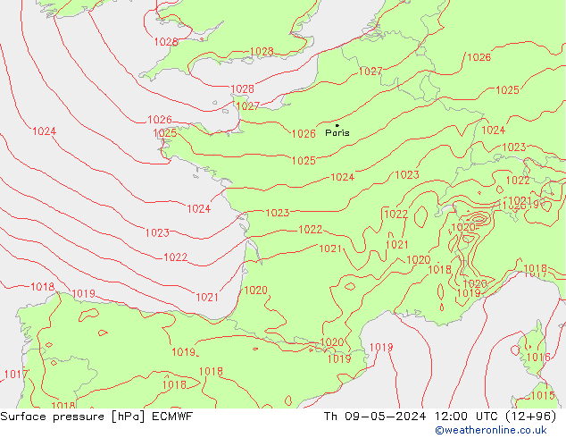 Presión superficial ECMWF jue 09.05.2024 12 UTC