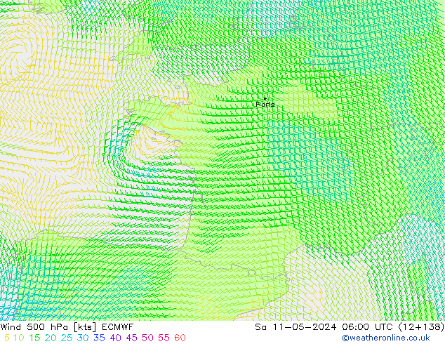 Wind 500 hPa ECMWF Sa 11.05.2024 06 UTC