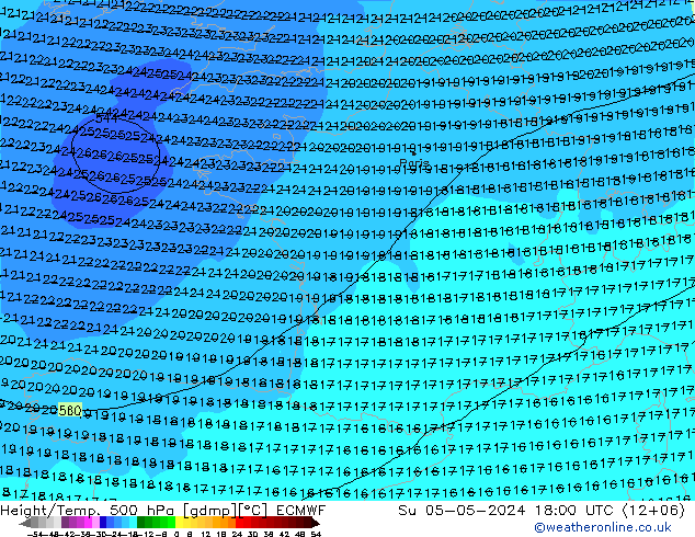 Z500/Rain (+SLP)/Z850 ECMWF nie. 05.05.2024 18 UTC
