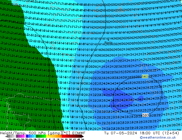 Z500/Rain (+SLP)/Z850 ECMWF вт 07.05.2024 18 UTC