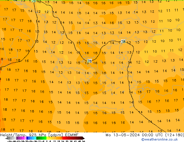 Yükseklik/Sıc. 925 hPa ECMWF Pzt 13.05.2024 00 UTC