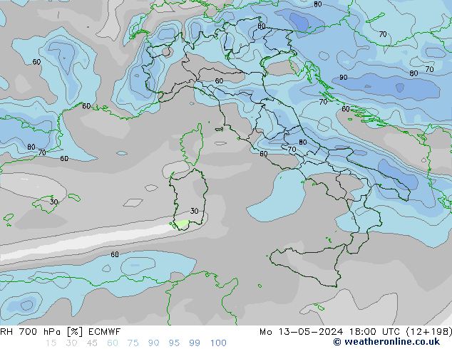 Humidité rel. 700 hPa ECMWF lun 13.05.2024 18 UTC