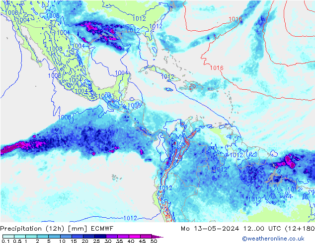 Totale neerslag (12h) ECMWF ma 13.05.2024 00 UTC