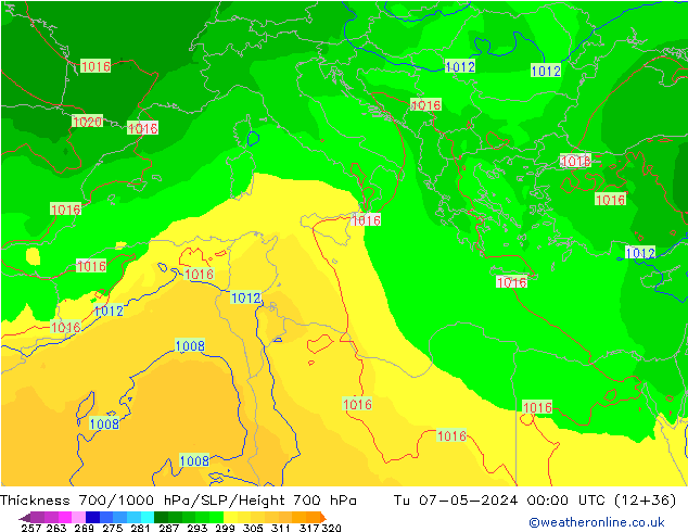 Thck 700-1000 hPa ECMWF wto. 07.05.2024 00 UTC