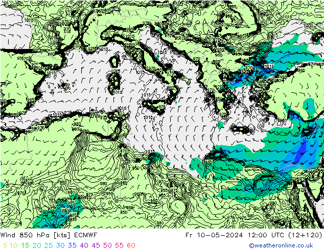 Viento 850 hPa ECMWF vie 10.05.2024 12 UTC