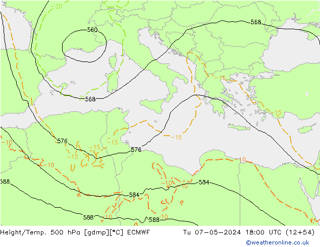Z500/Rain (+SLP)/Z850 ECMWF wto. 07.05.2024 18 UTC