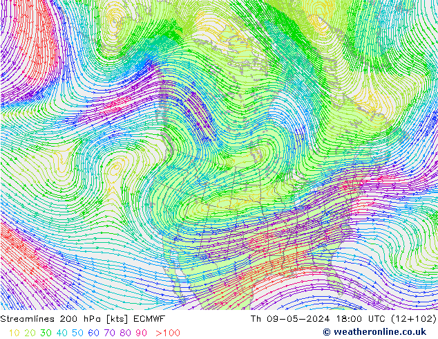 Linea di flusso 200 hPa ECMWF gio 09.05.2024 18 UTC