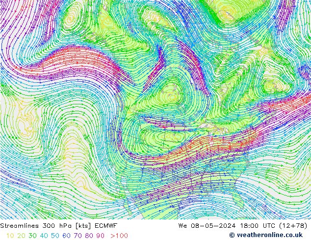 Streamlines 300 hPa ECMWF St 08.05.2024 18 UTC