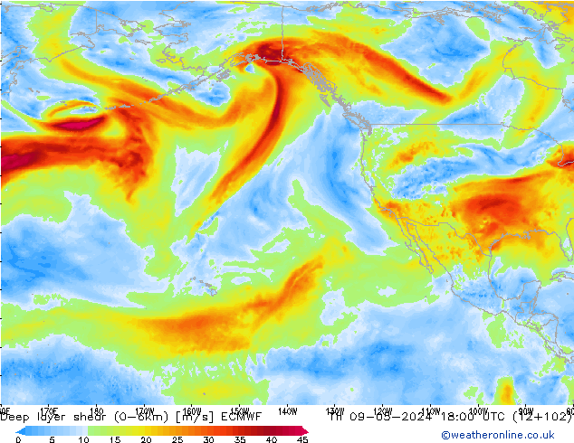 Deep layer shear (0-6km) ECMWF Th 09.05.2024 18 UTC