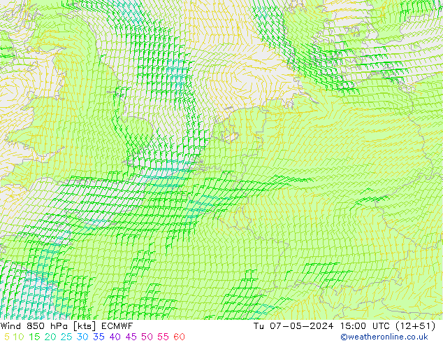 Wind 850 hPa ECMWF Tu 07.05.2024 15 UTC