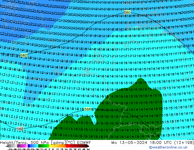 Z500/Rain (+SLP)/Z850 ECMWF lun 13.05.2024 18 UTC