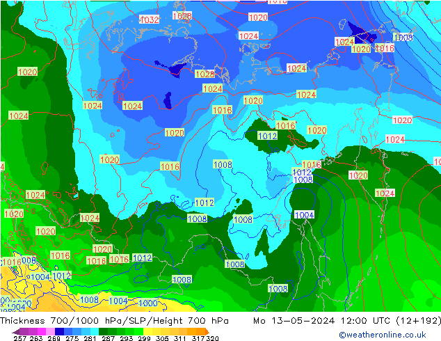 Thck 700-1000 гПа ECMWF пн 13.05.2024 12 UTC