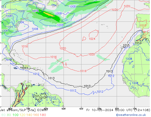 Straalstroom/SLP ECMWF vr 10.05.2024 00 UTC