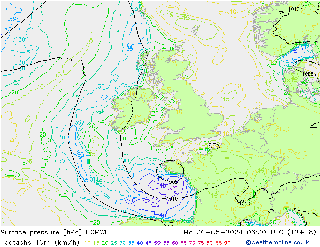 Isotachs (kph) ECMWF  06.05.2024 06 UTC