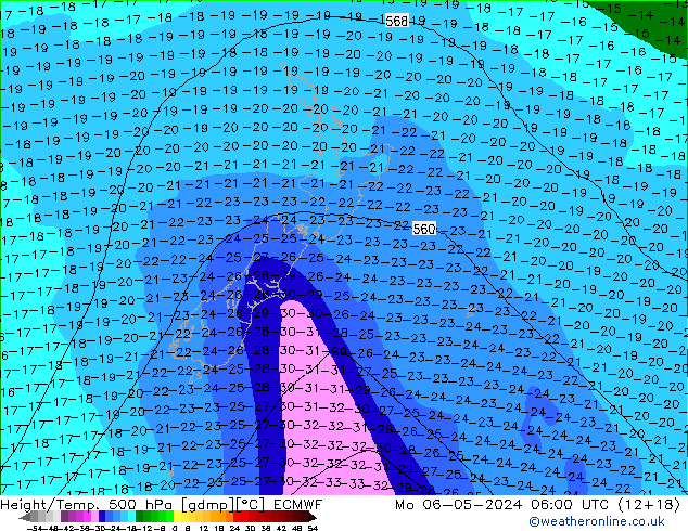 Z500/Rain (+SLP)/Z850 ECMWF pon. 06.05.2024 06 UTC