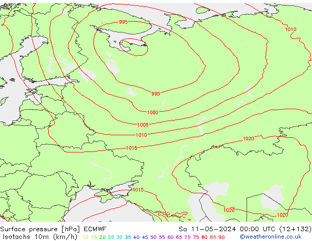 Isotachen (km/h) ECMWF za 11.05.2024 00 UTC