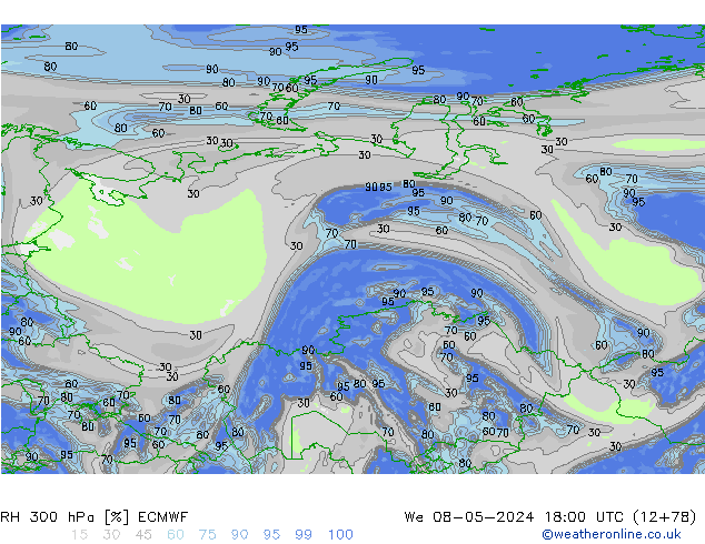 Humedad rel. 300hPa ECMWF mié 08.05.2024 18 UTC