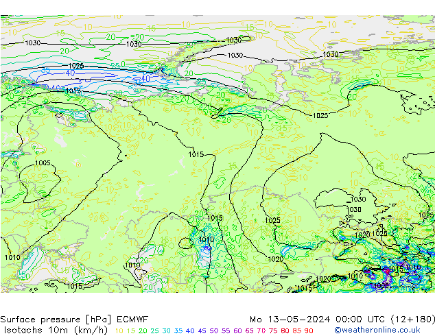 Isotachs (kph) ECMWF пн 13.05.2024 00 UTC