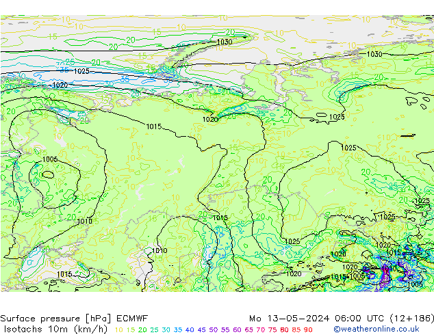 Isotachs (kph) ECMWF lun 13.05.2024 06 UTC