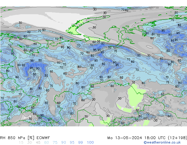 RH 850 hPa ECMWF Mo 13.05.2024 18 UTC