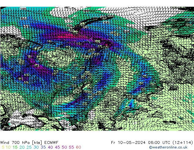 Wind 700 hPa ECMWF Fr 10.05.2024 06 UTC