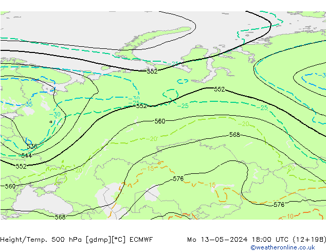 Z500/Rain (+SLP)/Z850 ECMWF Mo 13.05.2024 18 UTC