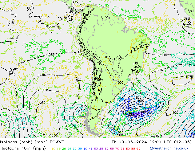 Isotaca (mph) ECMWF jue 09.05.2024 12 UTC