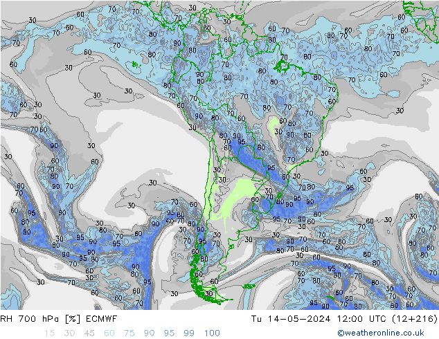 Humidité rel. 700 hPa ECMWF mar 14.05.2024 12 UTC