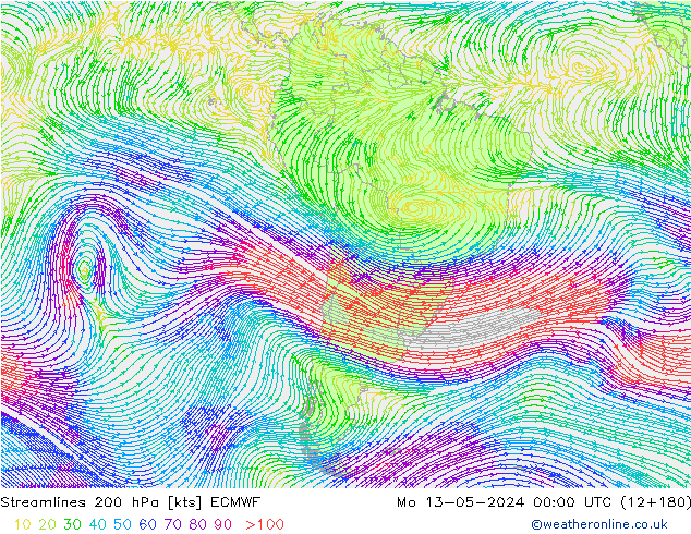 Linea di flusso 200 hPa ECMWF lun 13.05.2024 00 UTC