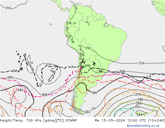 Height/Temp. 700 hPa ECMWF śro. 15.05.2024 12 UTC