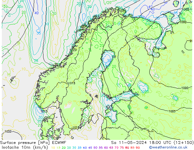 Isotachen (km/h) ECMWF za 11.05.2024 18 UTC