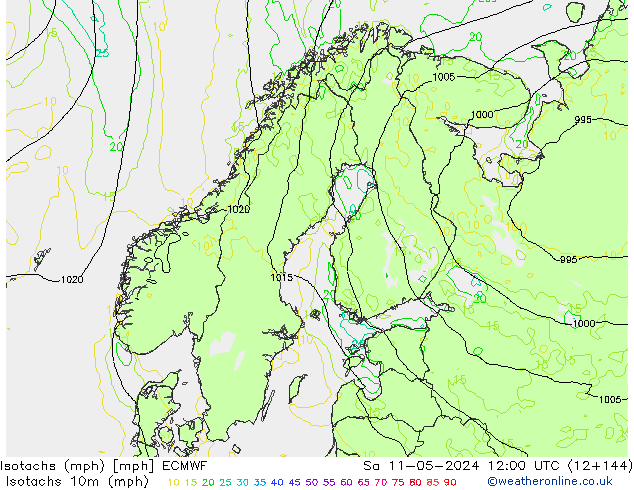 Izotacha (mph) ECMWF so. 11.05.2024 12 UTC