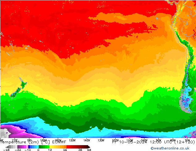 mapa temperatury (2m) ECMWF pt. 10.05.2024 12 UTC