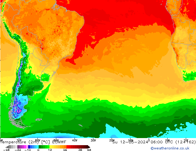 mapa temperatury (2m) ECMWF nie. 12.05.2024 06 UTC